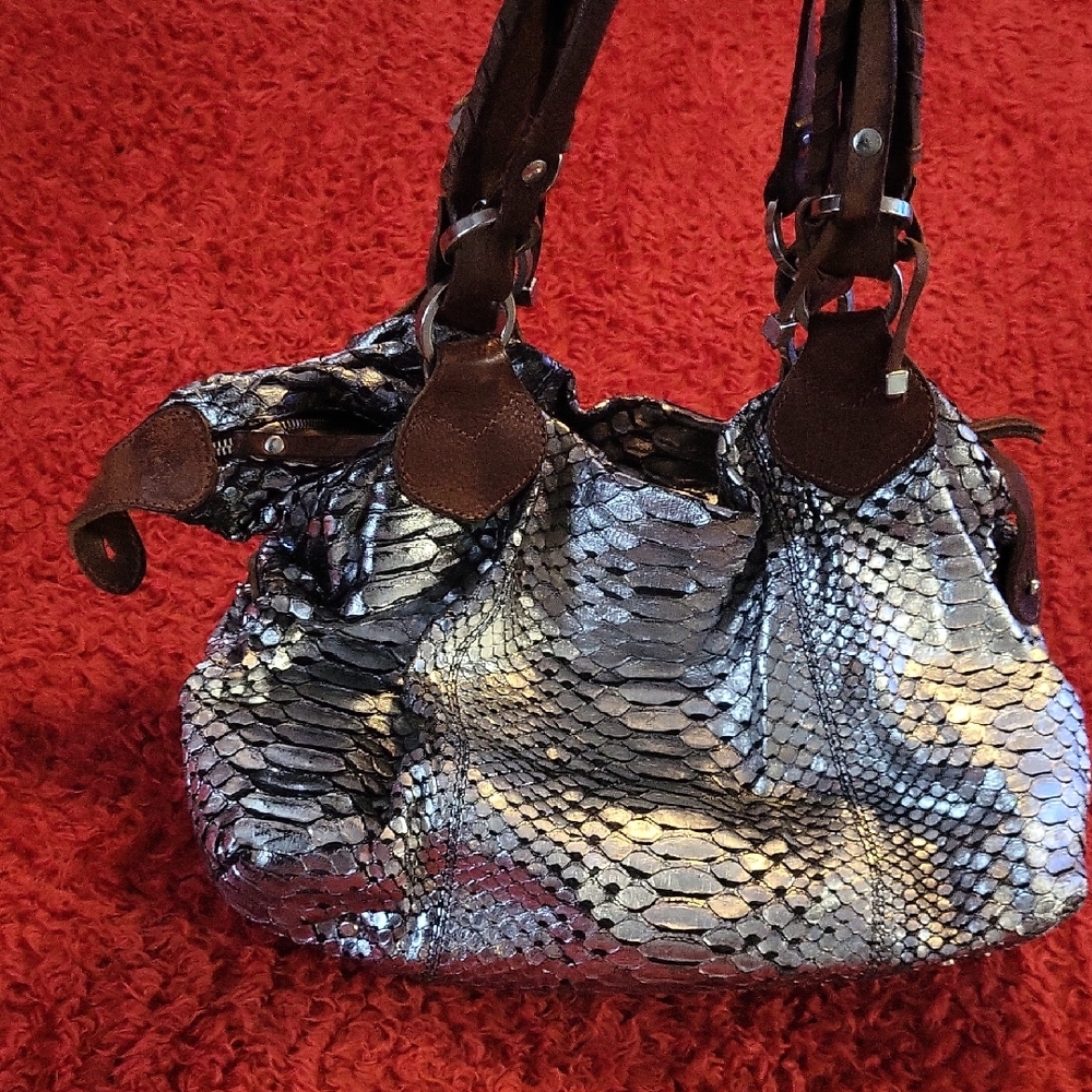 Python Silver Snakeskin Shoulder Bag - image 2